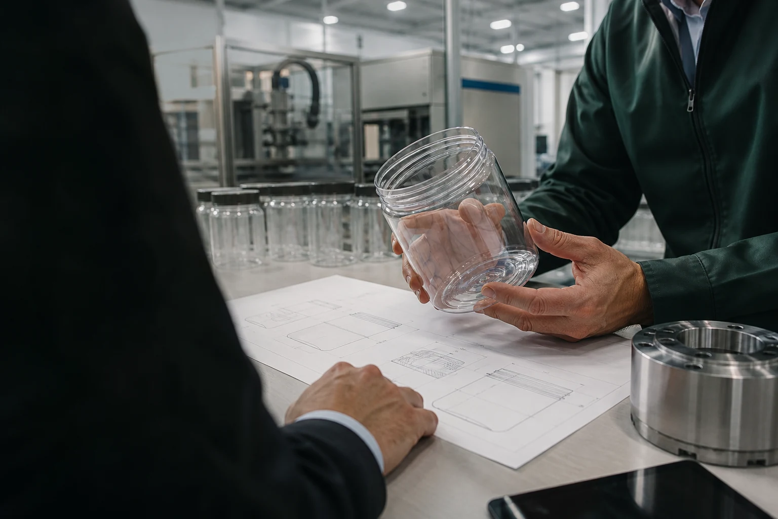 Packaging specialists reviewing a clear jar prototype and technical drawing