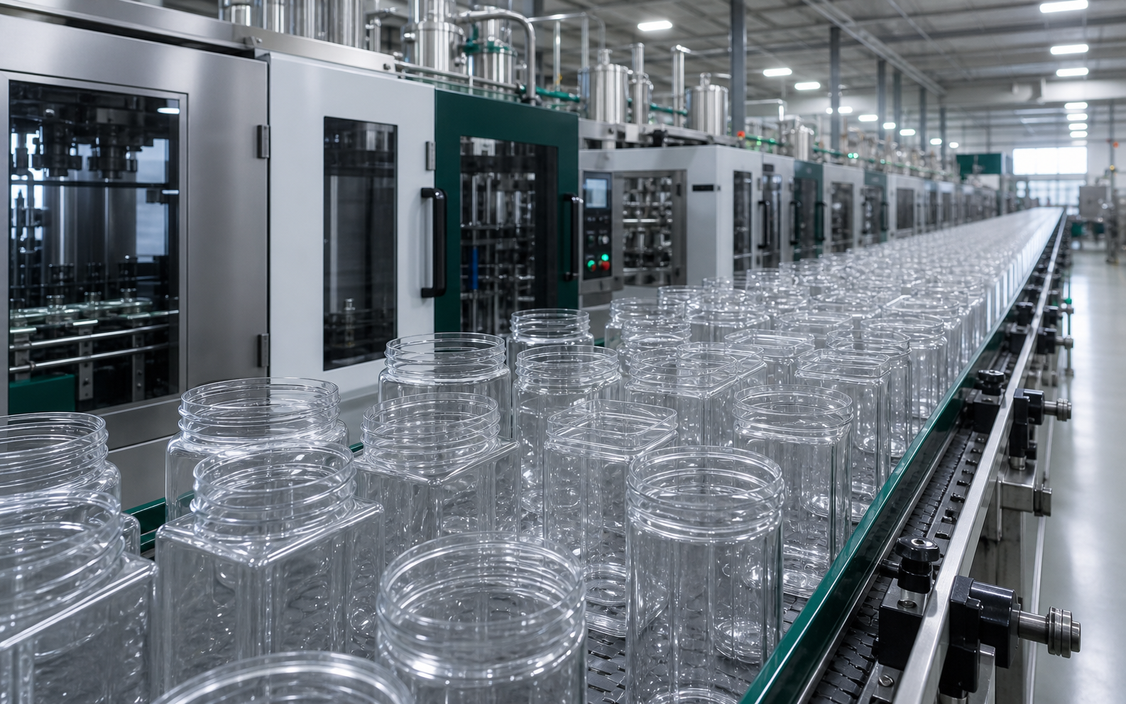 Clear custom plastic containers moving through an industrial production line