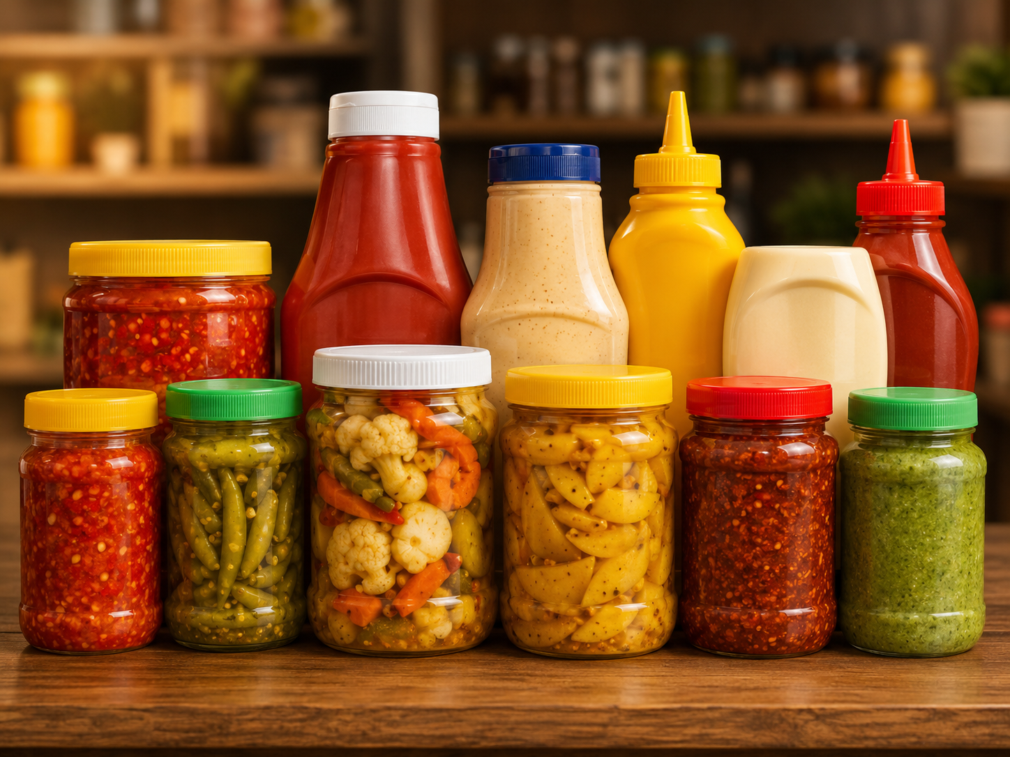 Rigid plastic packaging for pickles sauces and condiments